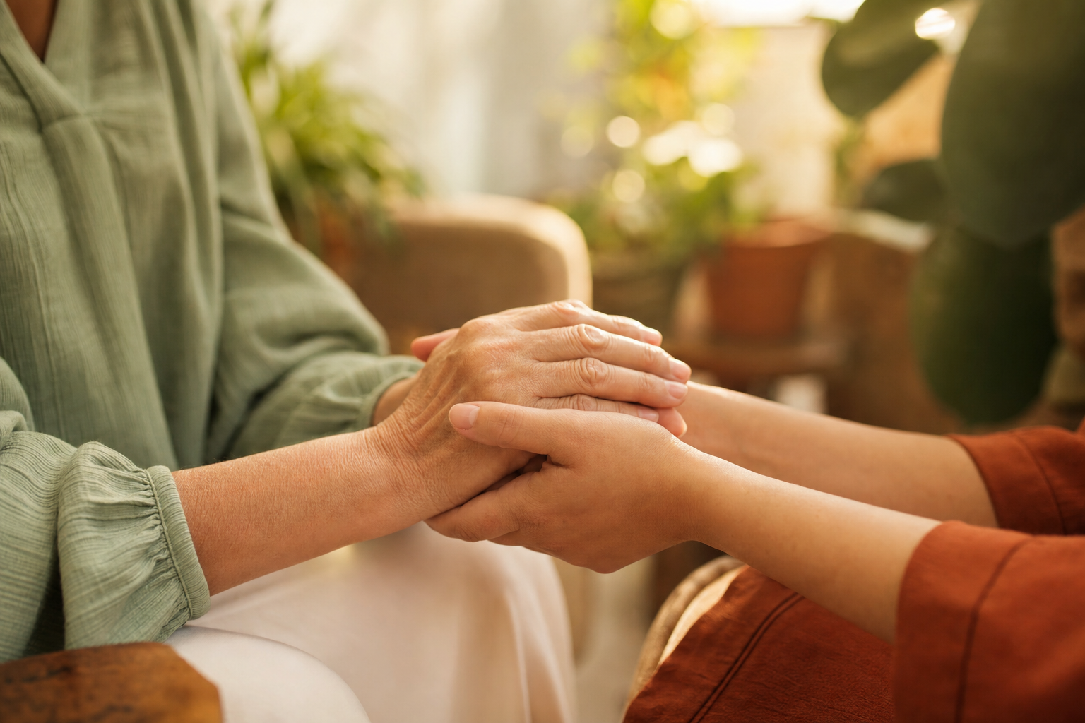 Two pairs of hands clasped together in a warm, supportive gesture