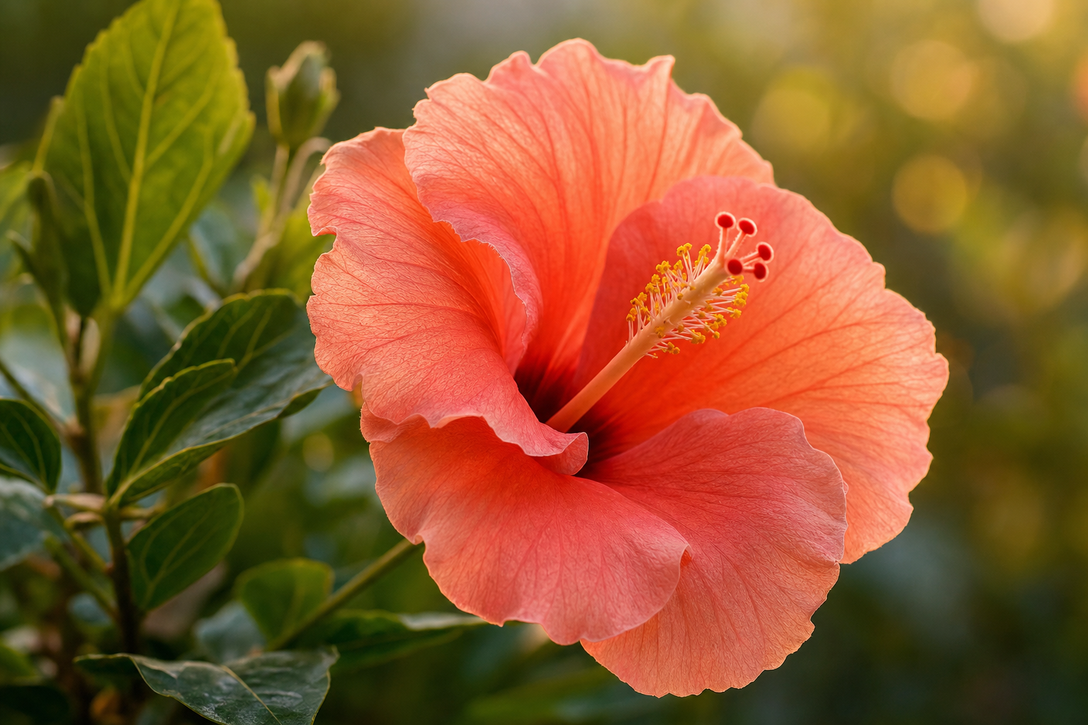 A single blooming coral hibiscus flower with soft green leaves