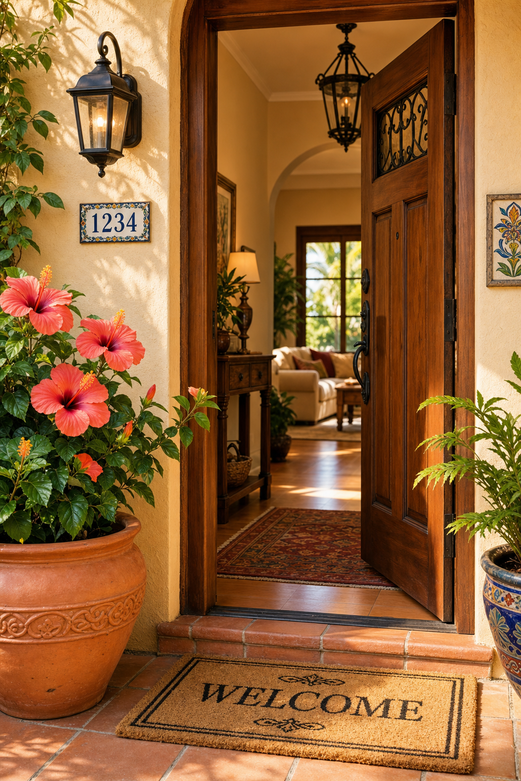 A welcoming front doorway with a hibiscus planter and a warm entry mat