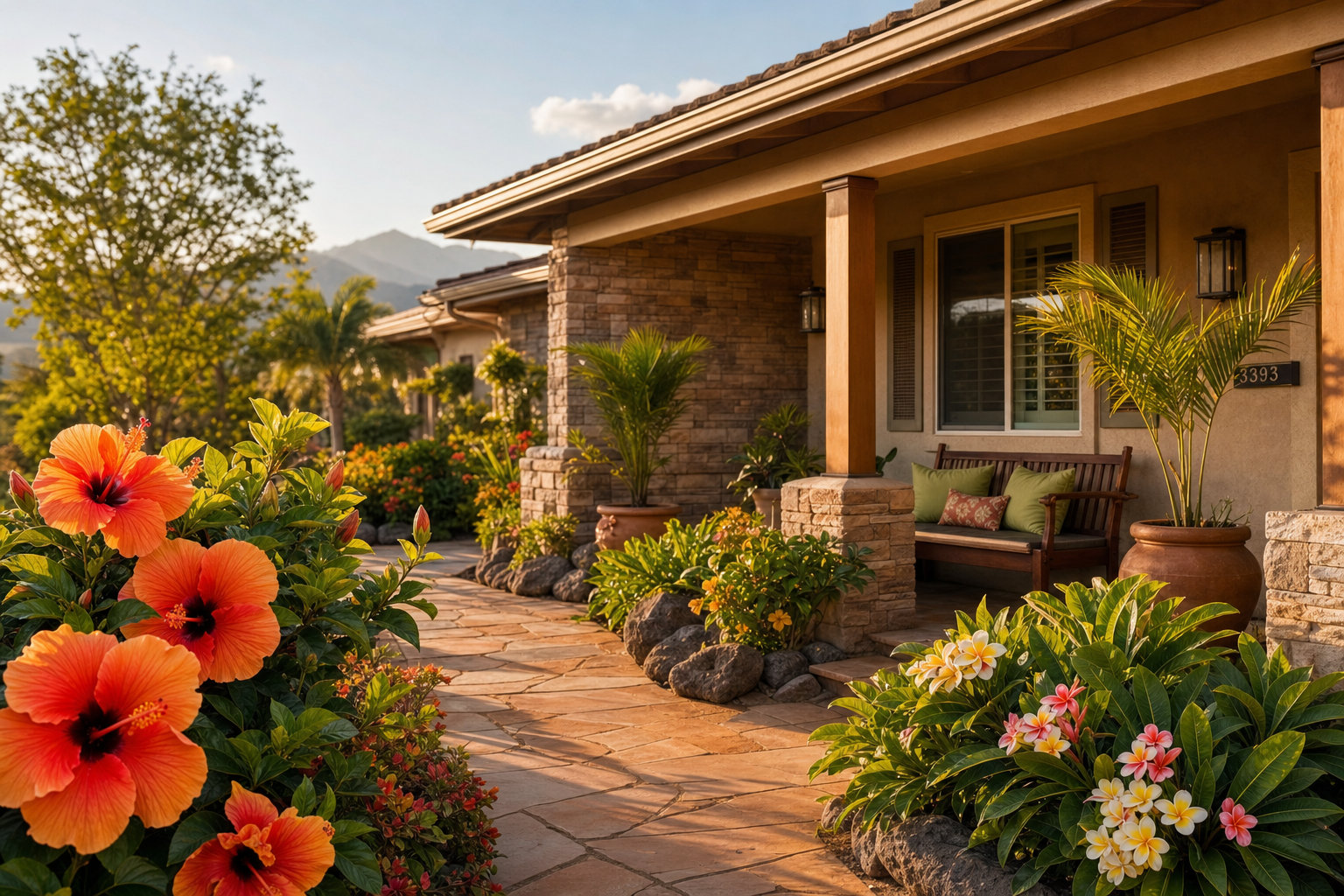 A warm, single-story home in Utah with blooming hibiscus and plumeria flowers along the front walkway