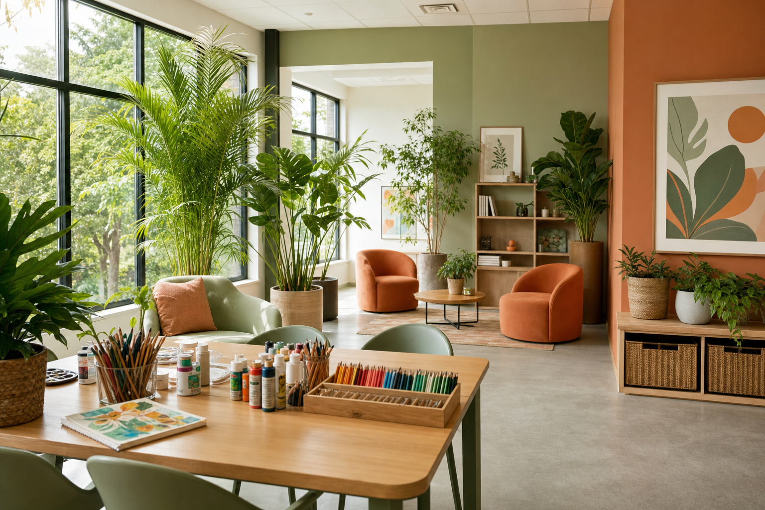 A bright, welcoming day-program activity room filled with natural light and tropical plants